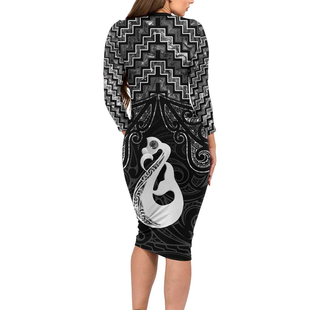 New Zealand Maori Family Matching Long Sleeve Bodycon Dress and Hawaiian Shirt Poutama Manaia Black Paua Shell LT05 - Polynesian Pride