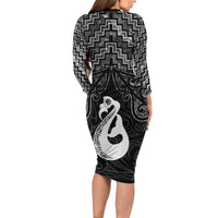 New Zealand Maori Family Matching Long Sleeve Bodycon Dress and Hawaiian Shirt Poutama Manaia Black Paua Shell LT05 - Polynesian Pride