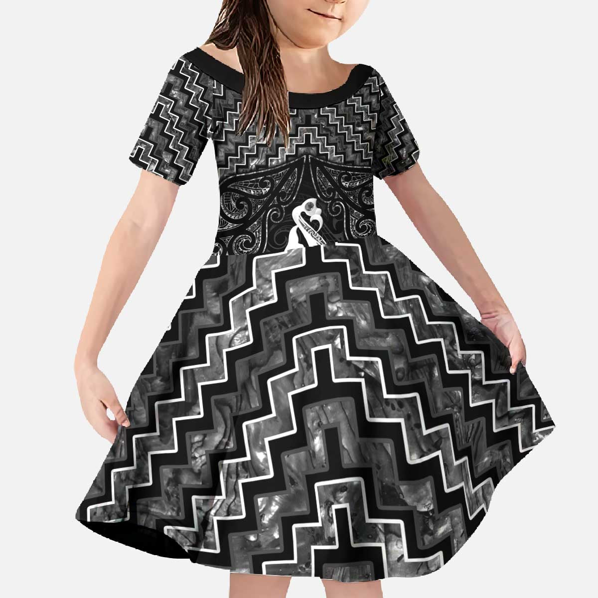 New Zealand Maori Family Matching Off The Shoulder Long Sleeve Dress and Hawaiian Shirt Poutama Manaia Black Paua Shell LT05 Daughter's Dress Black - Polynesian Pride