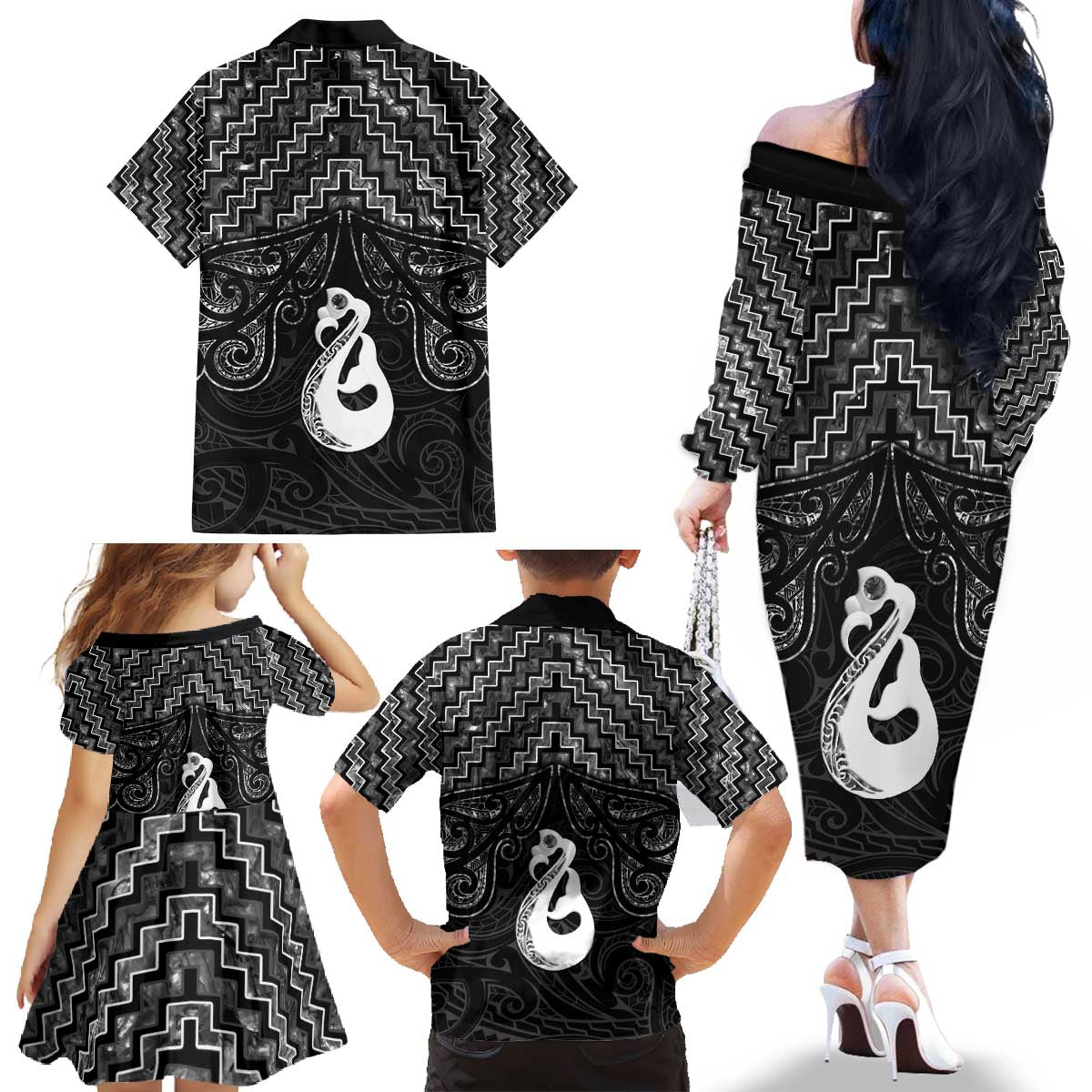 New Zealand Maori Family Matching Off The Shoulder Long Sleeve Dress and Hawaiian Shirt Poutama Manaia Black Paua Shell LT05 - Polynesian Pride