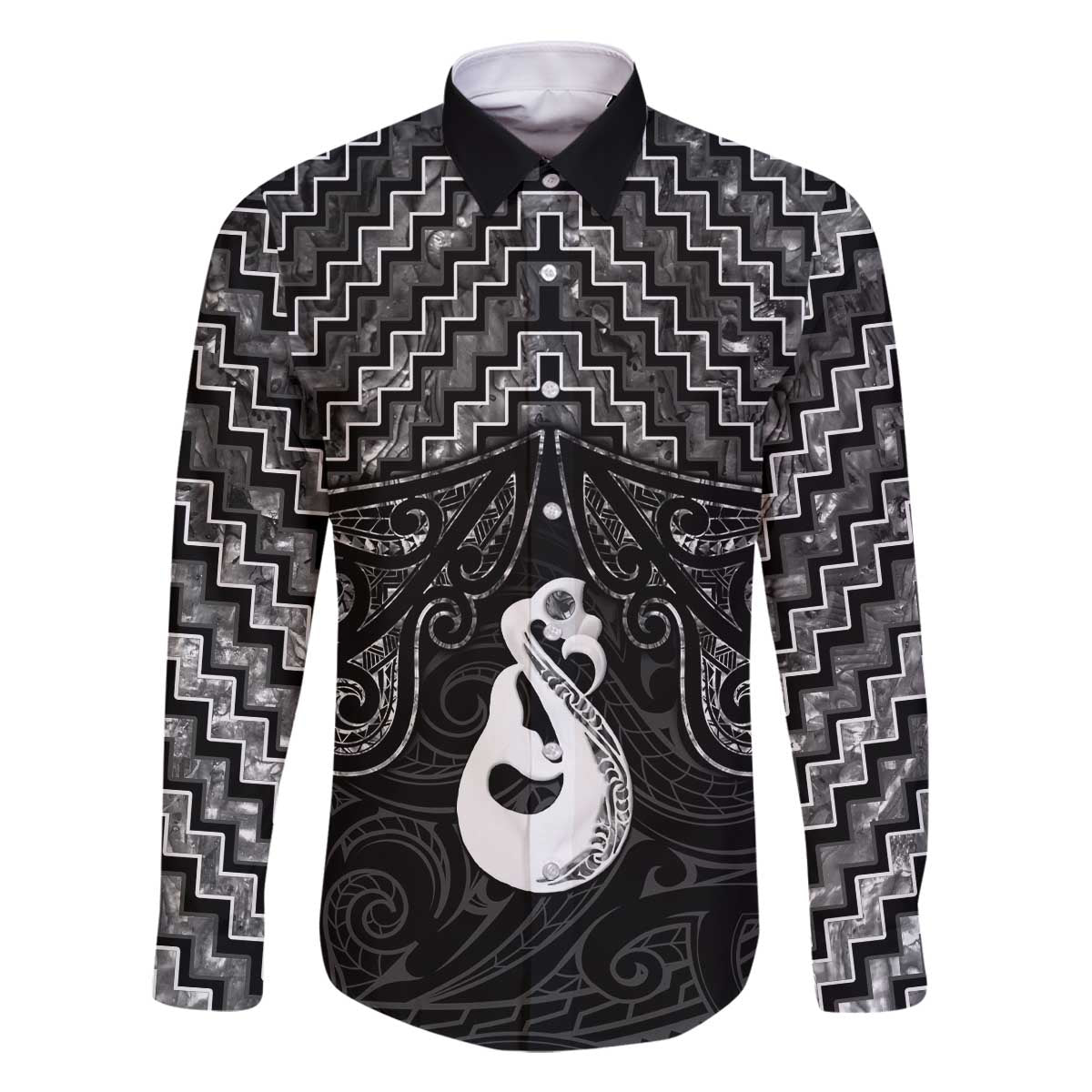 New Zealand Maori Family Matching Off The Shoulder Long Sleeve Dress and Hawaiian Shirt Poutama Manaia Black Paua Shell LT05 Dad's Shirt - Long Sleeve Black - Polynesian Pride