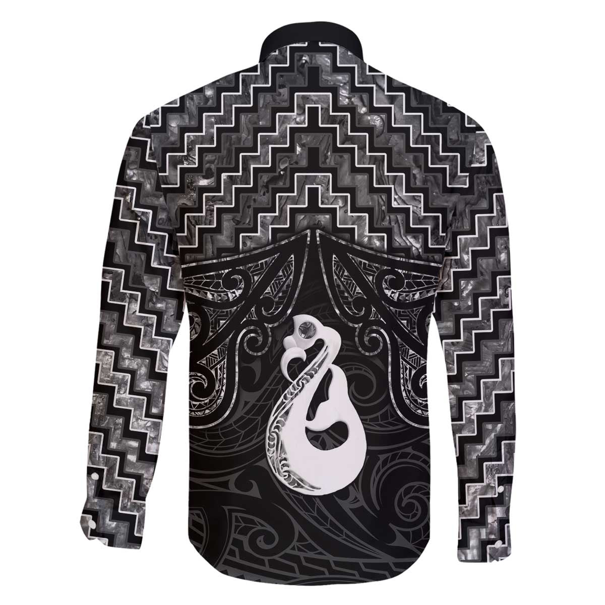 New Zealand Maori Family Matching Off The Shoulder Long Sleeve Dress and Hawaiian Shirt Poutama Manaia Black Paua Shell LT05 - Polynesian Pride