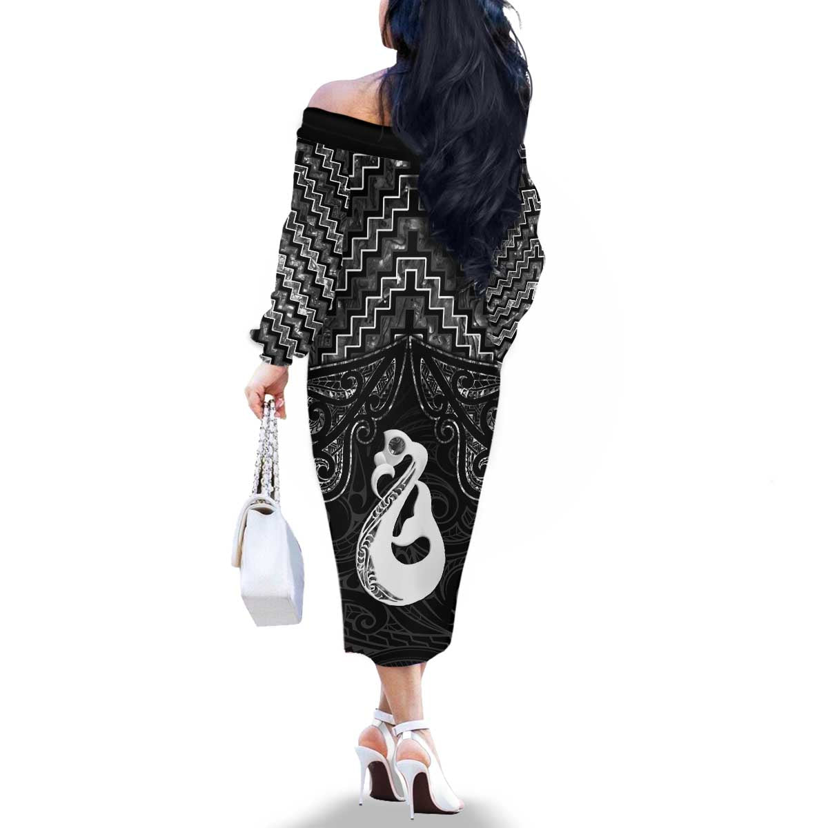 New Zealand Maori Family Matching Off The Shoulder Long Sleeve Dress and Hawaiian Shirt Poutama Manaia Black Paua Shell LT05 - Polynesian Pride