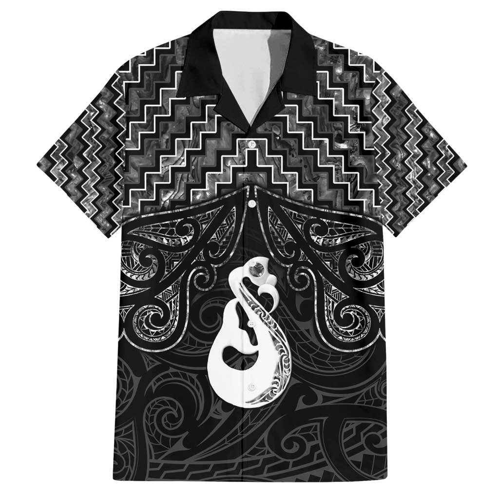 New Zealand Maori Family Matching Off Shoulder Maxi Dress and Hawaiian Shirt Poutama Manaia Black Paua Shell LT05 Dad's Shirt - Short Sleeve Black - Polynesian Pride