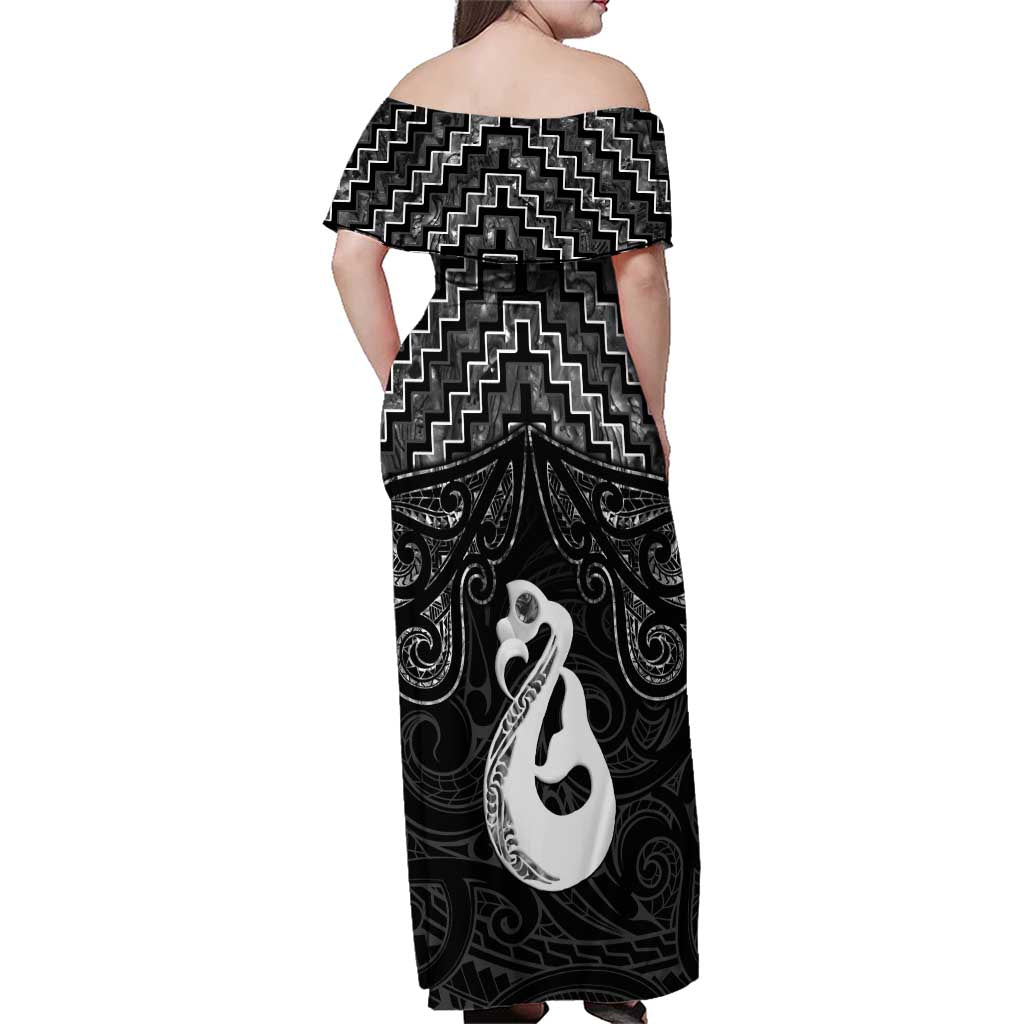 New Zealand Maori Family Matching Off Shoulder Maxi Dress and Hawaiian Shirt Poutama Manaia Black Paua Shell LT05 - Polynesian Pride