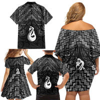 New Zealand Maori Family Matching Off Shoulder Short Dress and Hawaiian Shirt Poutama Manaia Black Paua Shell LT05 - Polynesian Pride