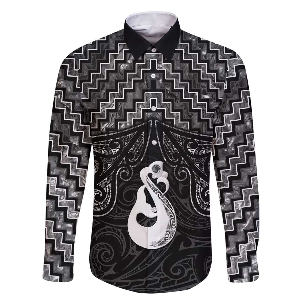 New Zealand Maori Family Matching Puletasi and Hawaiian Shirt Poutama Manaia Black Paua Shell LT05 Dad's Shirt - Long Sleeve Black - Polynesian Pride