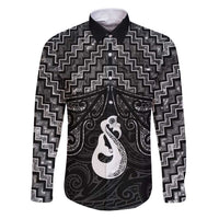 New Zealand Maori Family Matching Puletasi and Hawaiian Shirt Poutama Manaia Black Paua Shell LT05 Dad's Shirt - Long Sleeve Black - Polynesian Pride
