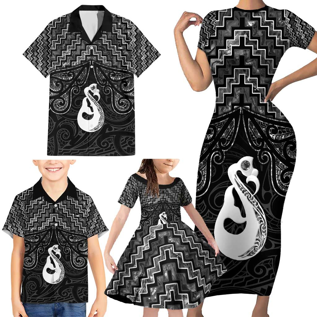 New Zealand Maori Family Matching Short Sleeve Bodycon Dress and Hawaiian Shirt Poutama Manaia Black Paua Shell LT05 - Polynesian Pride