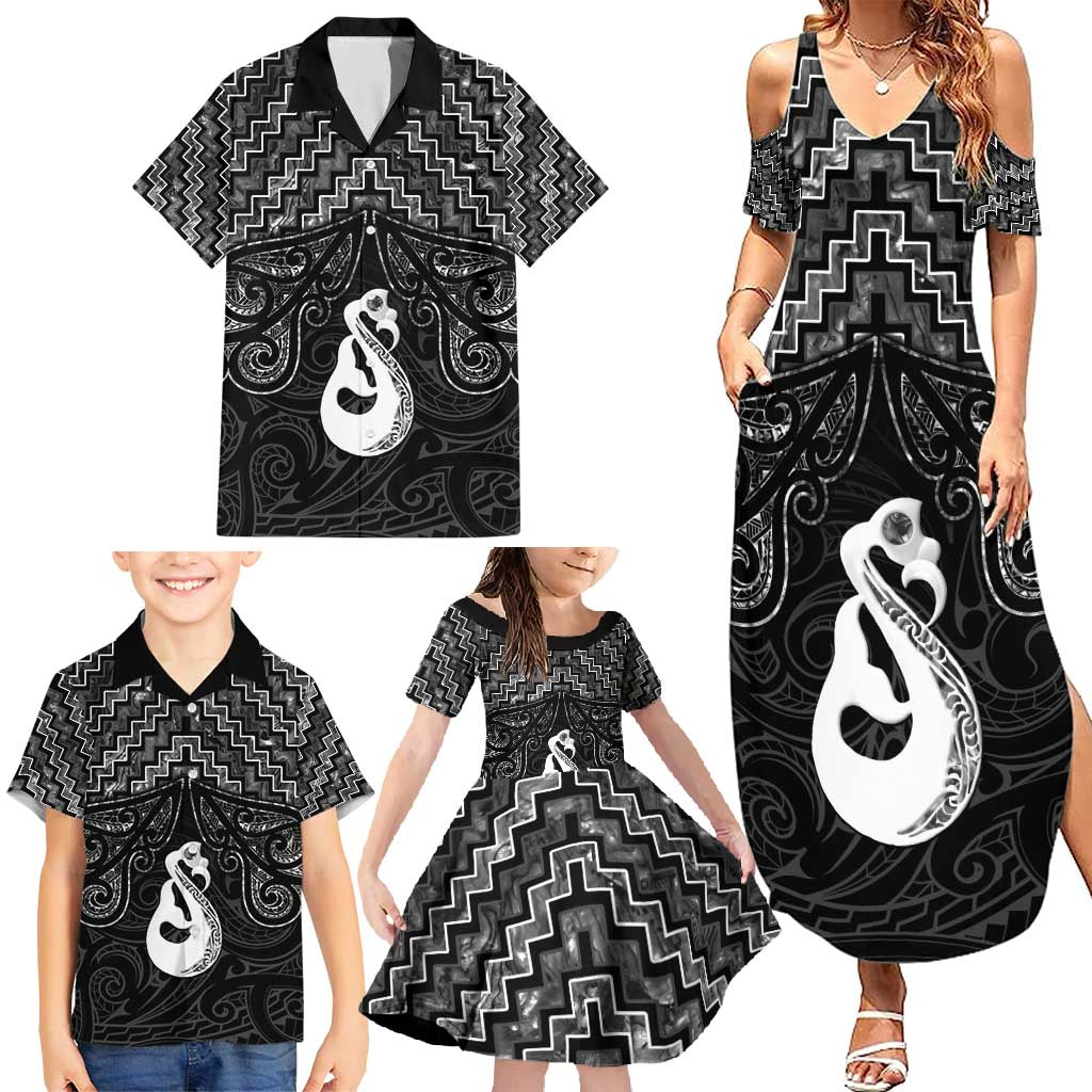 New Zealand Maori Family Matching Summer Maxi Dress and Hawaiian Shirt Poutama Manaia Black Paua Shell LT05 - Polynesian Pride