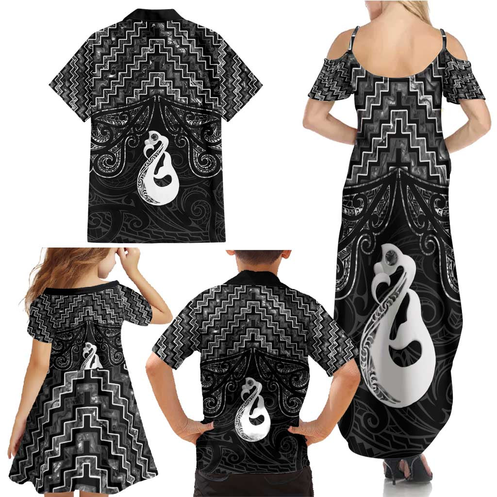 New Zealand Maori Family Matching Summer Maxi Dress and Hawaiian Shirt Poutama Manaia Black Paua Shell LT05 - Polynesian Pride