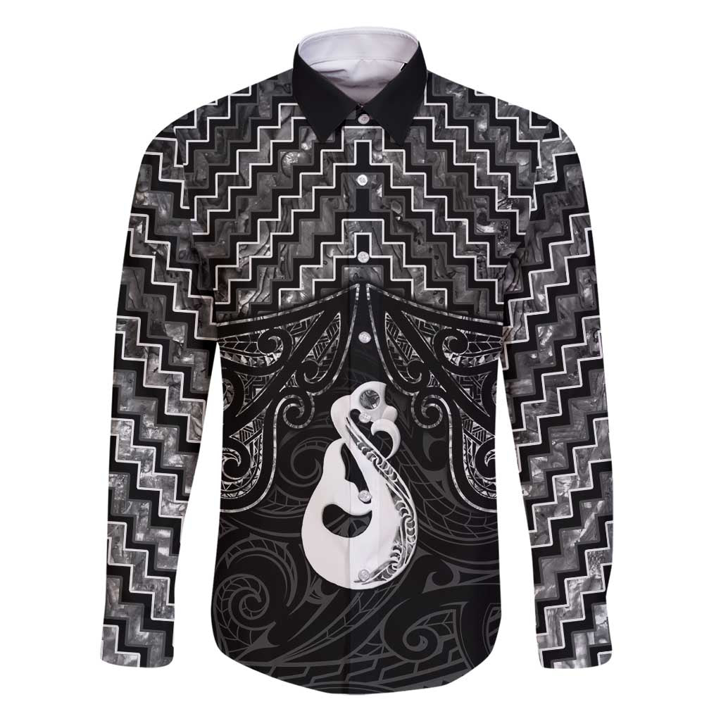 New Zealand Maori Family Matching Summer Maxi Dress and Hawaiian Shirt Poutama Manaia Black Paua Shell LT05 Dad's Shirt - Long Sleeve Black - Polynesian Pride