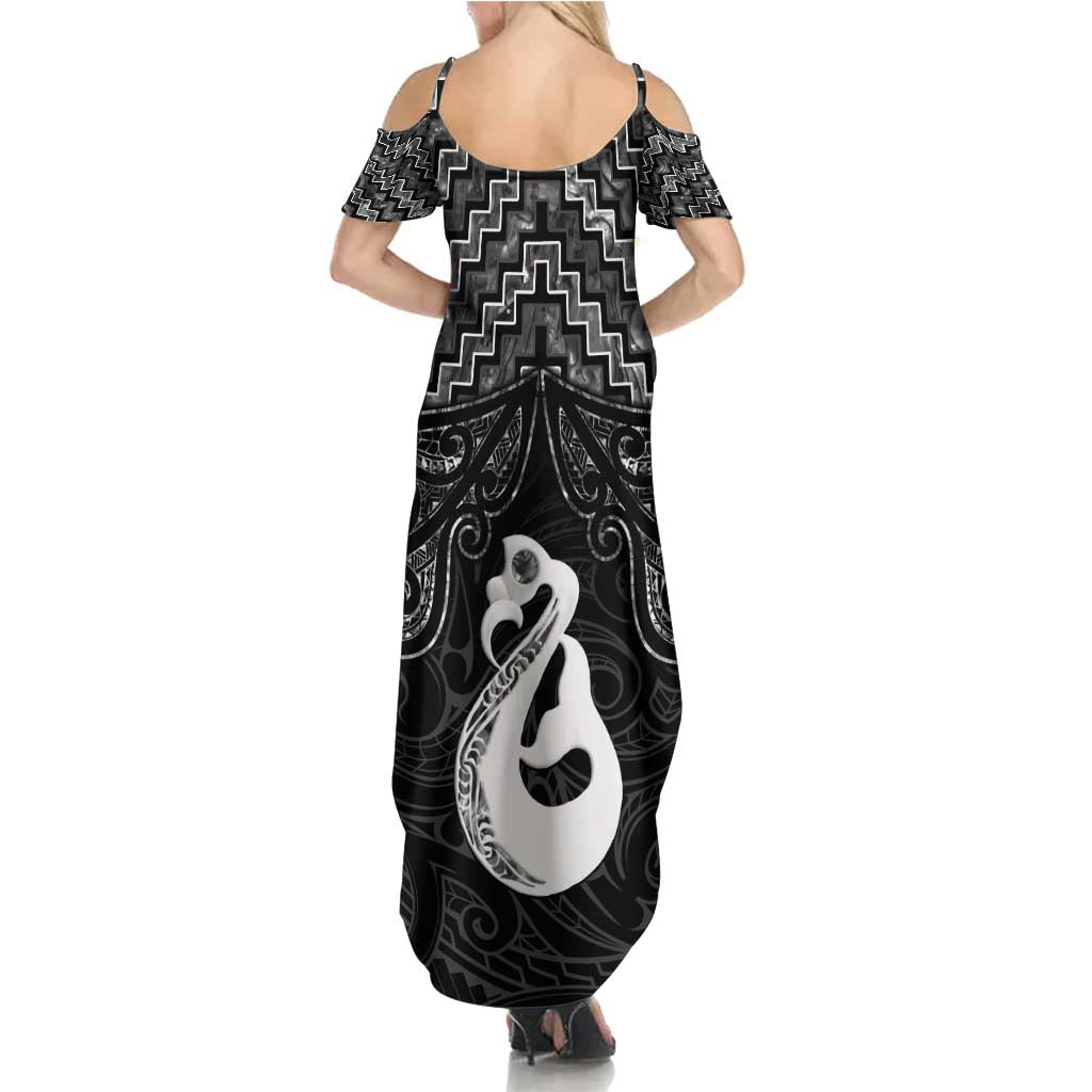 New Zealand Maori Family Matching Summer Maxi Dress and Hawaiian Shirt Poutama Manaia Black Paua Shell LT05 - Polynesian Pride