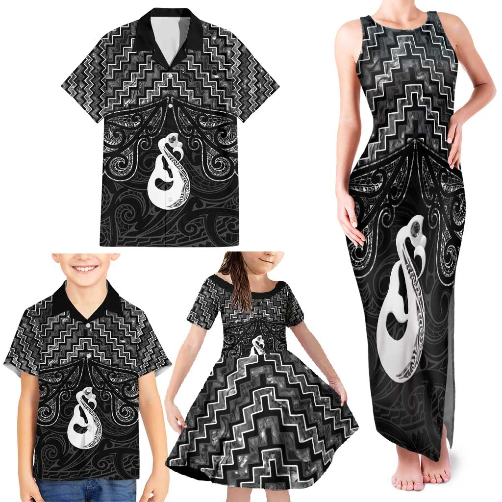 New Zealand Maori Family Matching Tank Maxi Dress and Hawaiian Shirt Poutama Manaia Black Paua Shell LT05 - Polynesian Pride