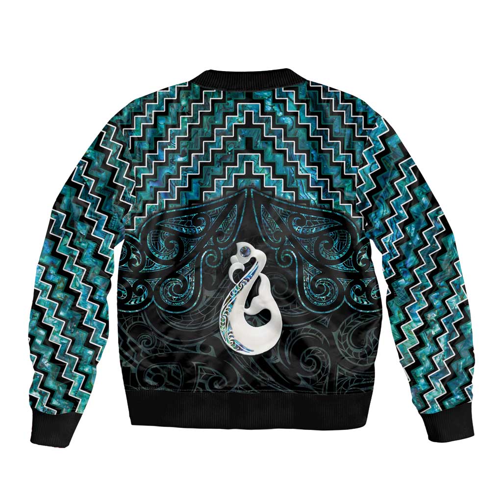 New Zealand Maori Bomber Jacket Poutama Manaia Turquoise Paua Shell