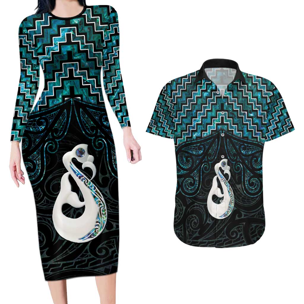 New Zealand Maori Couples Matching Long Sleeve Bodycon Dress and Hawaiian Shirt Poutama Manaia Turquoise Paua Shell LT05 Turquoise - Polynesian Pride