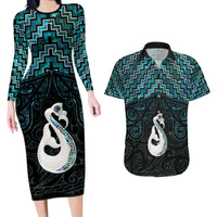 New Zealand Maori Couples Matching Long Sleeve Bodycon Dress and Hawaiian Shirt Poutama Manaia Turquoise Paua Shell LT05 Turquoise - Polynesian Pride