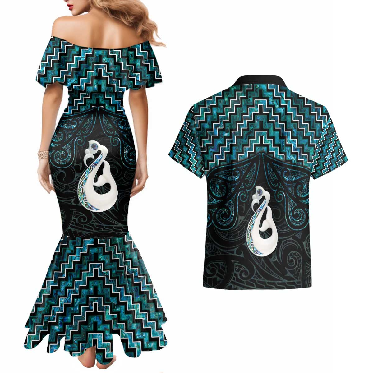 New Zealand Maori Couples Matching Mermaid Dress and Hawaiian Shirt Poutama Manaia Turquoise Paua Shell LT05 - Polynesian Pride