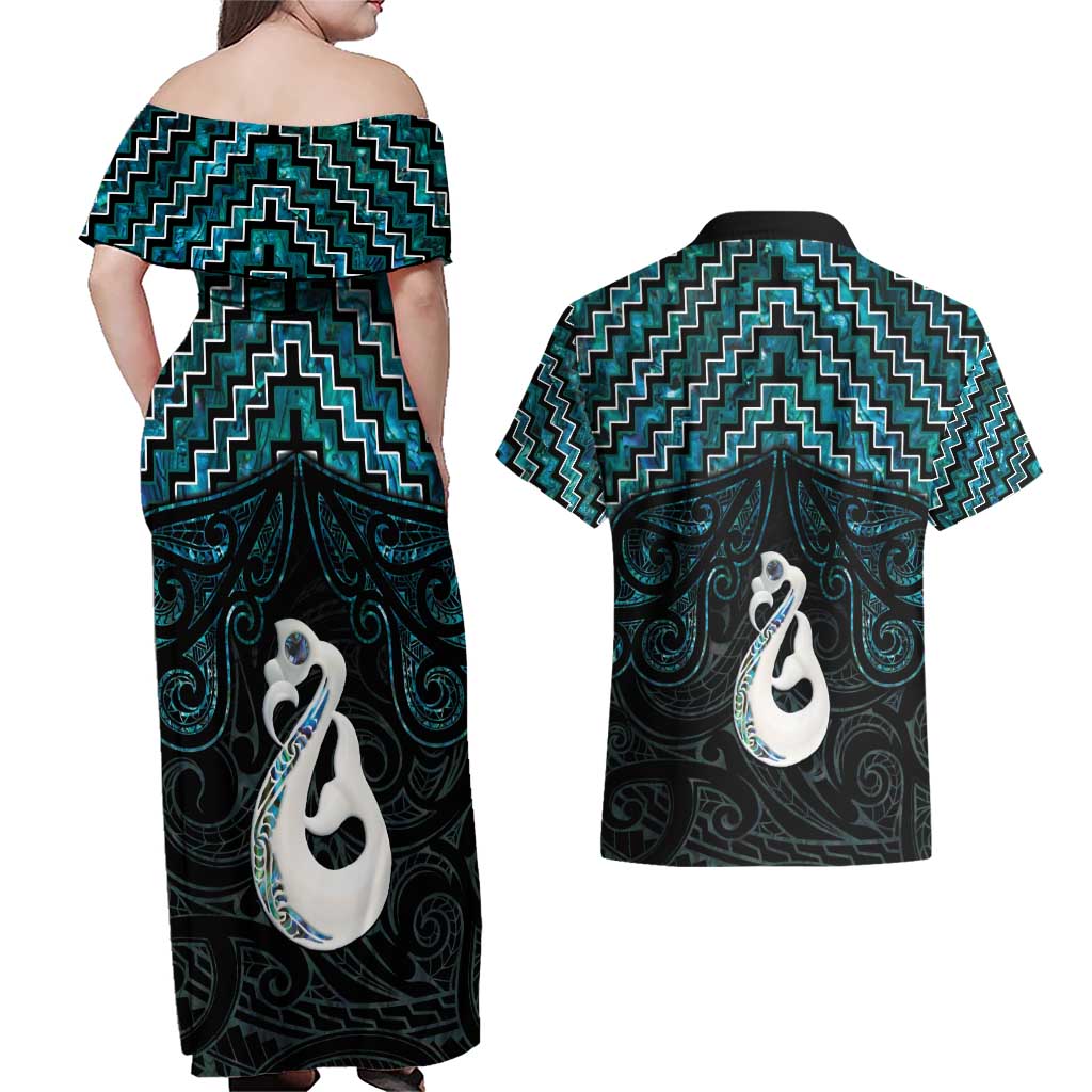 New Zealand Maori Couples Matching Off Shoulder Maxi Dress and Hawaiian Shirt Poutama Manaia Turquoise Paua Shell LT05 - Polynesian Pride