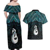 New Zealand Maori Couples Matching Off Shoulder Maxi Dress and Hawaiian Shirt Poutama Manaia Turquoise Paua Shell LT05 - Polynesian Pride