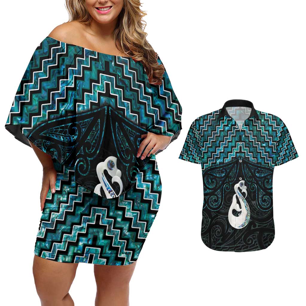 New Zealand Maori Couples Matching Off Shoulder Short Dress and Hawaiian Shirt Poutama Manaia Turquoise Paua Shell LT05 Turquoise - Polynesian Pride