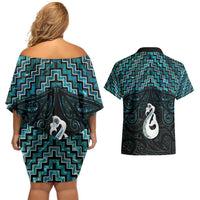 New Zealand Maori Couples Matching Off Shoulder Short Dress and Hawaiian Shirt Poutama Manaia Turquoise Paua Shell LT05 - Polynesian Pride
