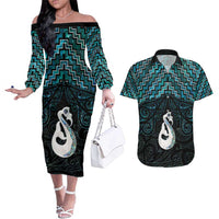 New Zealand Maori Couples Matching Off The Shoulder Long Sleeve Dress and Hawaiian Shirt Poutama Manaia Turquoise Paua Shell LT05 Turquoise - Polynesian Pride
