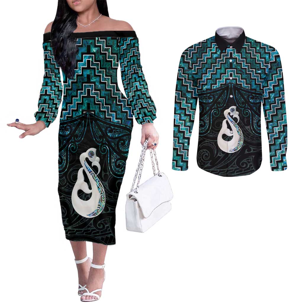 New Zealand Maori Couples Matching Off The Shoulder Long Sleeve Dress and Long Sleeve Button Shirt Poutama Manaia Turquoise Paua Shell LT05 Turquoise - Polynesian Pride