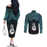 New Zealand Maori Couples Matching Off The Shoulder Long Sleeve Dress and Long Sleeve Button Shirt Poutama Manaia Turquoise Paua Shell LT05 - Polynesian Pride
