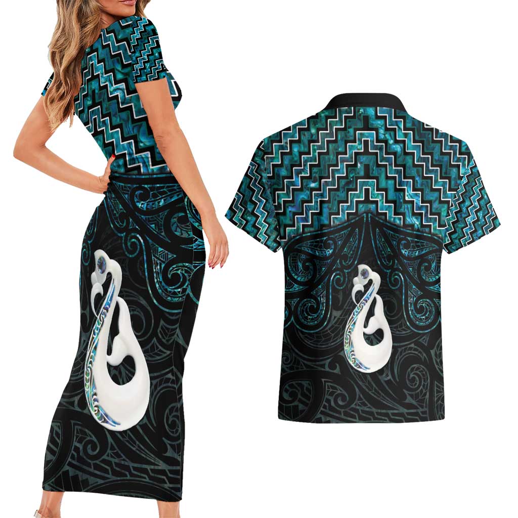 New Zealand Maori Couples Matching Short Sleeve Bodycon Dress and Hawaiian Shirt Poutama Manaia Turquoise Paua Shell LT05 - Polynesian Pride