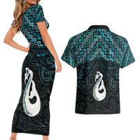 New Zealand Maori Couples Matching Short Sleeve Bodycon Dress and Hawaiian Shirt Poutama Manaia Turquoise Paua Shell LT05 - Polynesian Pride