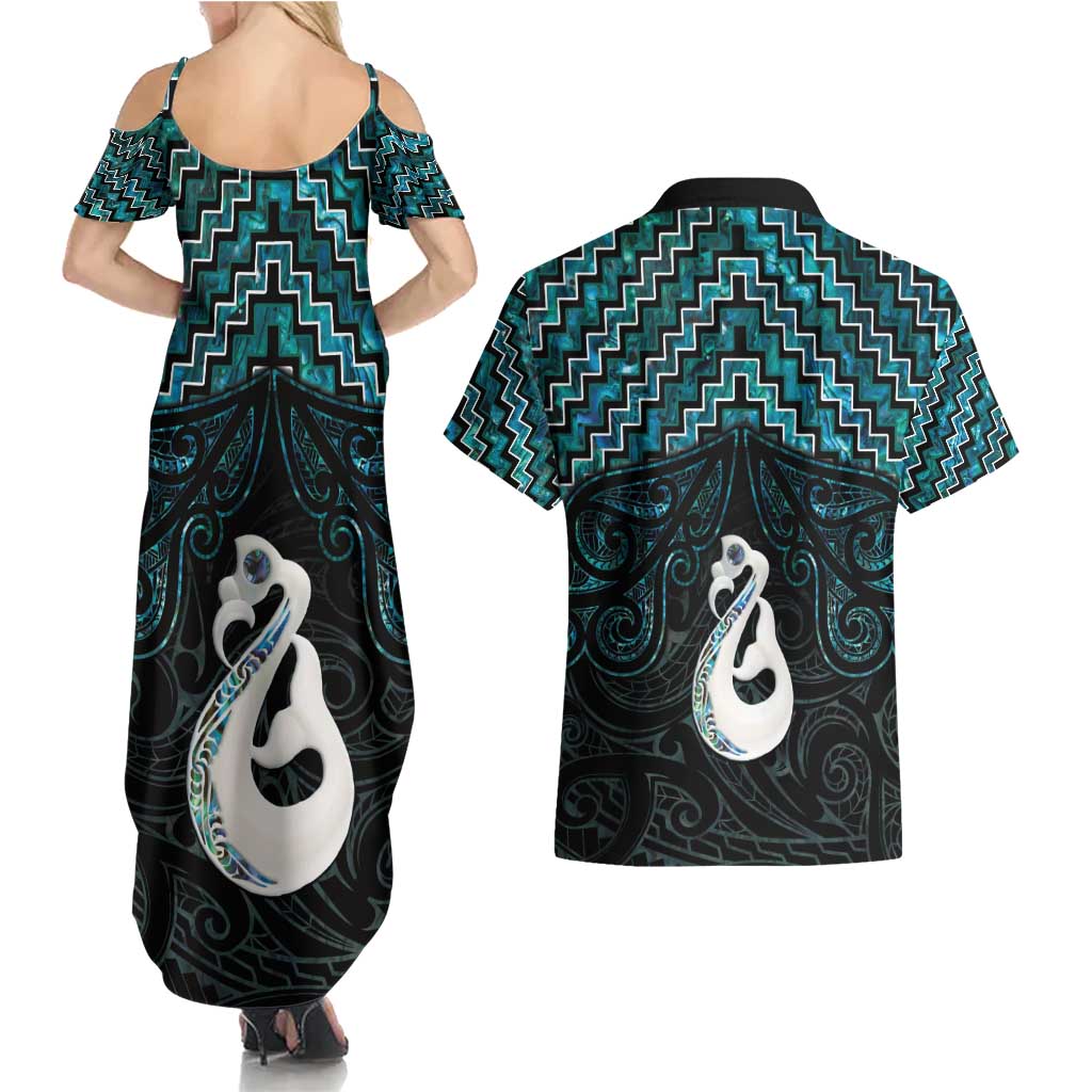 New Zealand Maori Couples Matching Summer Maxi Dress and Hawaiian Shirt Poutama Manaia Turquoise Paua Shell LT05 - Polynesian Pride