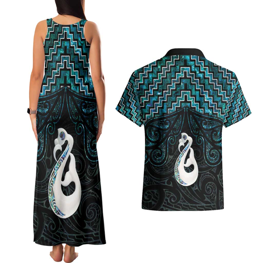 New Zealand Maori Couples Matching Tank Maxi Dress and Hawaiian Shirt Poutama Manaia Turquoise Paua Shell LT05 - Polynesian Pride