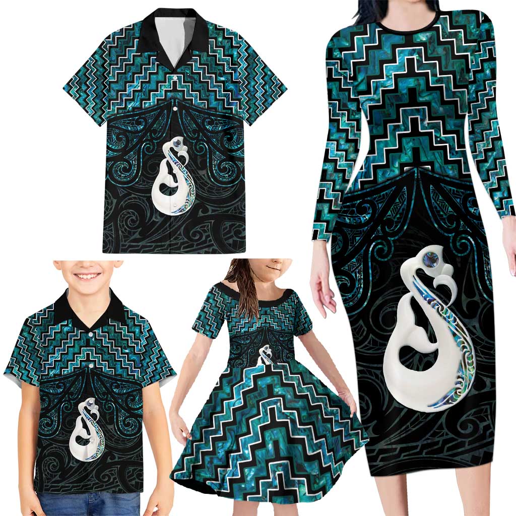 New Zealand Maori Family Matching Long Sleeve Bodycon Dress and Hawaiian Shirt Poutama Manaia Turquoise Paua Shell LT05 - Polynesian Pride