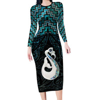 New Zealand Maori Family Matching Long Sleeve Bodycon Dress and Hawaiian Shirt Poutama Manaia Turquoise Paua Shell LT05 Mom's Dress Turquoise - Polynesian Pride