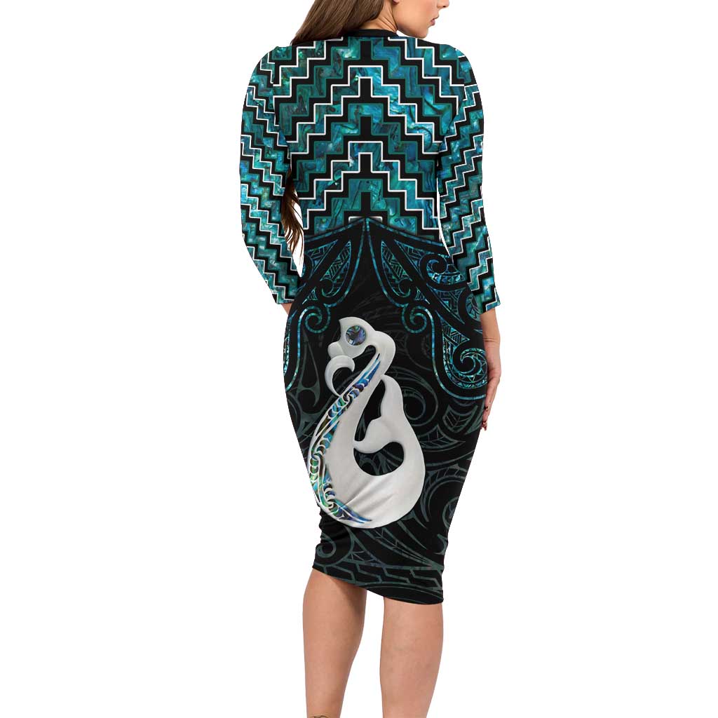 New Zealand Maori Family Matching Long Sleeve Bodycon Dress and Hawaiian Shirt Poutama Manaia Turquoise Paua Shell LT05 - Polynesian Pride