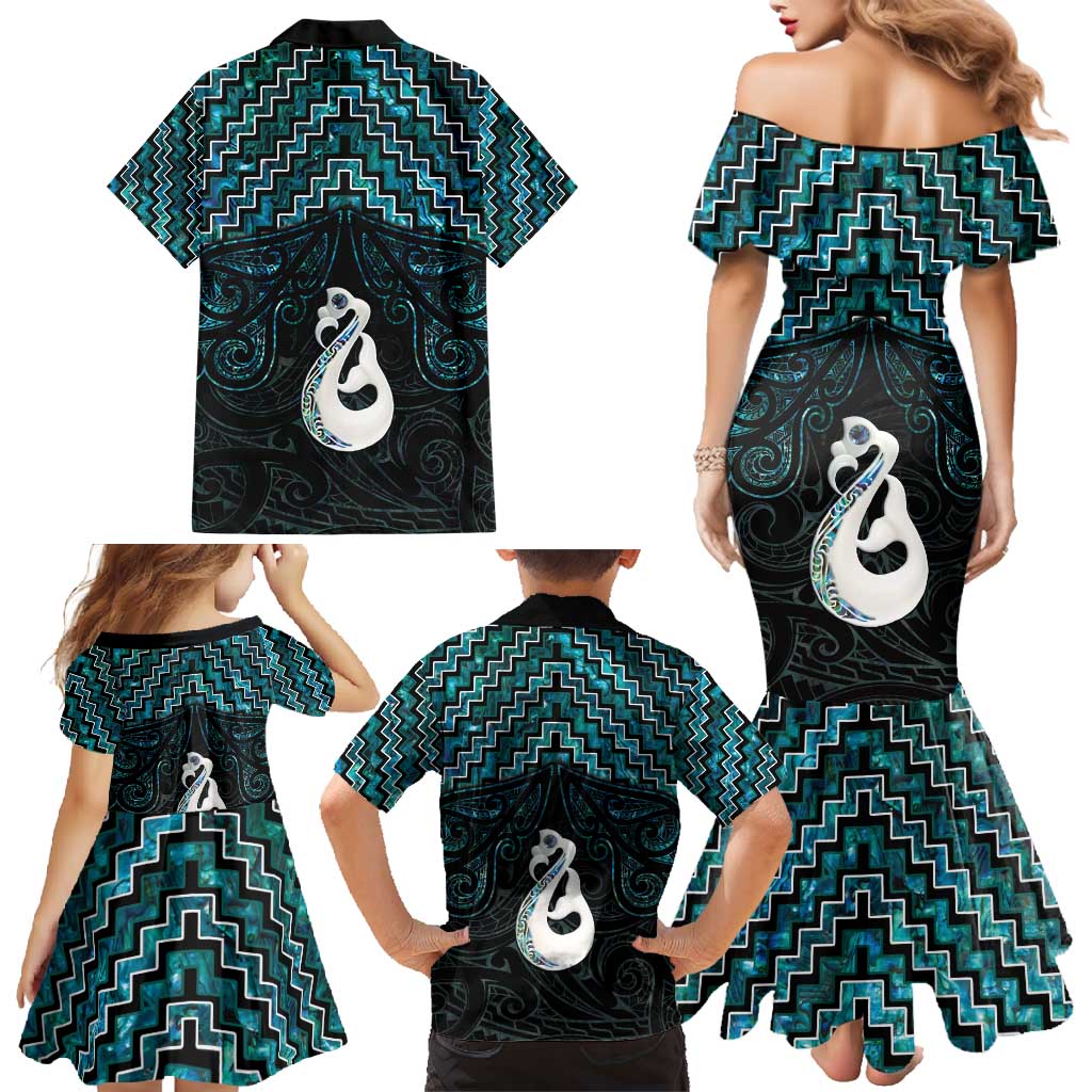 New Zealand Maori Family Matching Mermaid Dress and Hawaiian Shirt Poutama Manaia Turquoise Paua Shell LT05 - Polynesian Pride
