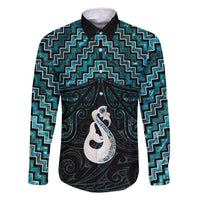 New Zealand Maori Family Matching Mermaid Dress and Hawaiian Shirt Poutama Manaia Turquoise Paua Shell LT05 Dad's Shirt - Long Sleeve Turquoise - Polynesian Pride