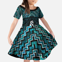 New Zealand Maori Family Matching Off The Shoulder Long Sleeve Dress and Hawaiian Shirt Poutama Manaia Turquoise Paua Shell LT05 Daughter's Dress Turquoise - Polynesian Pride