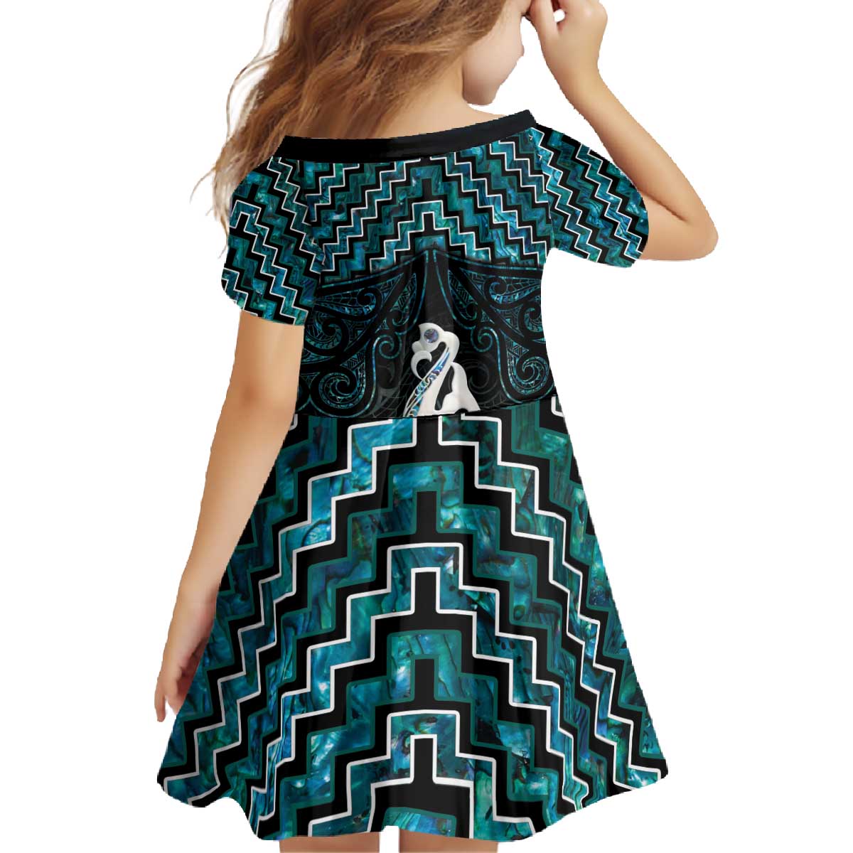 New Zealand Maori Family Matching Off The Shoulder Long Sleeve Dress and Hawaiian Shirt Poutama Manaia Turquoise Paua Shell LT05 - Polynesian Pride
