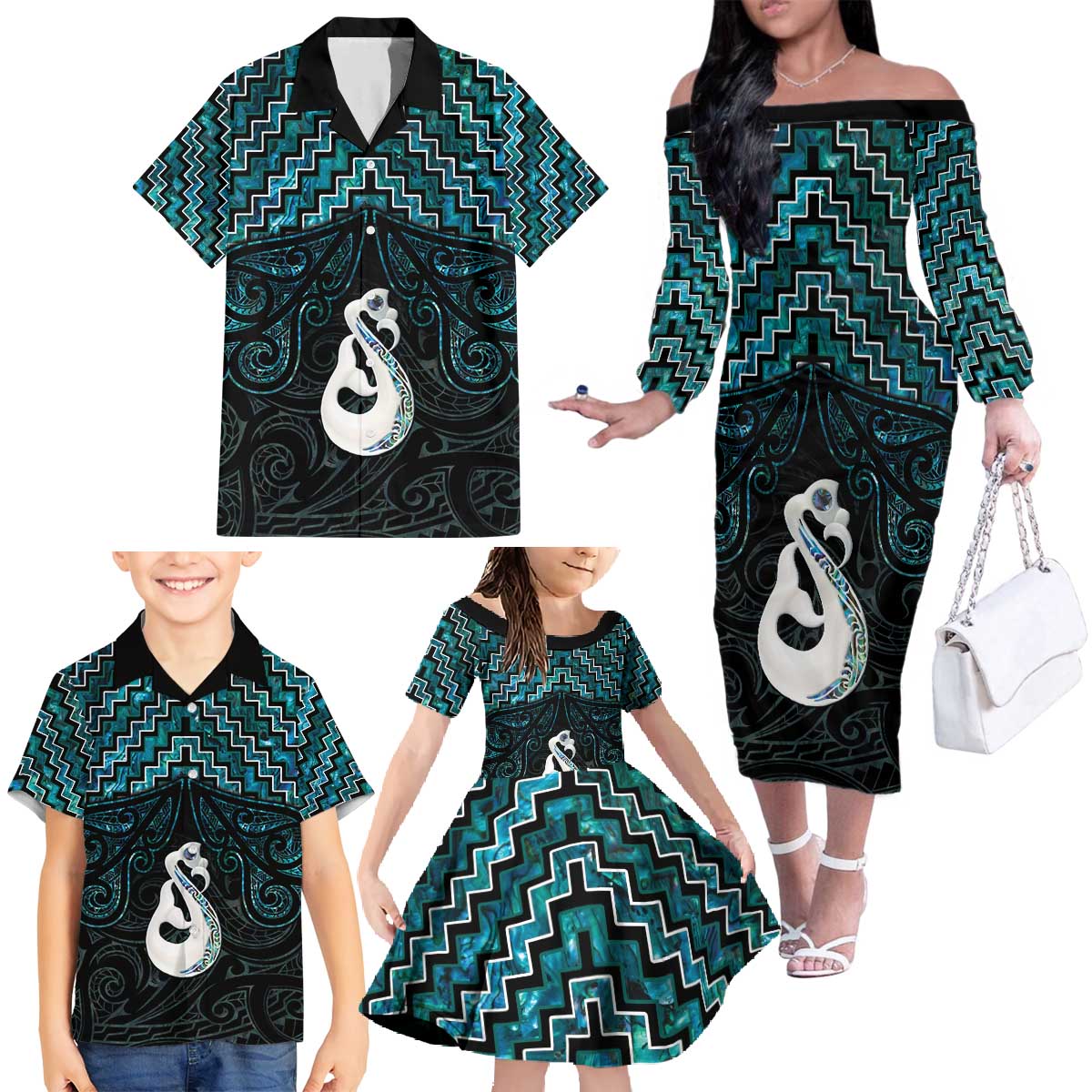 New Zealand Maori Family Matching Off The Shoulder Long Sleeve Dress and Hawaiian Shirt Poutama Manaia Turquoise Paua Shell LT05 - Polynesian Pride