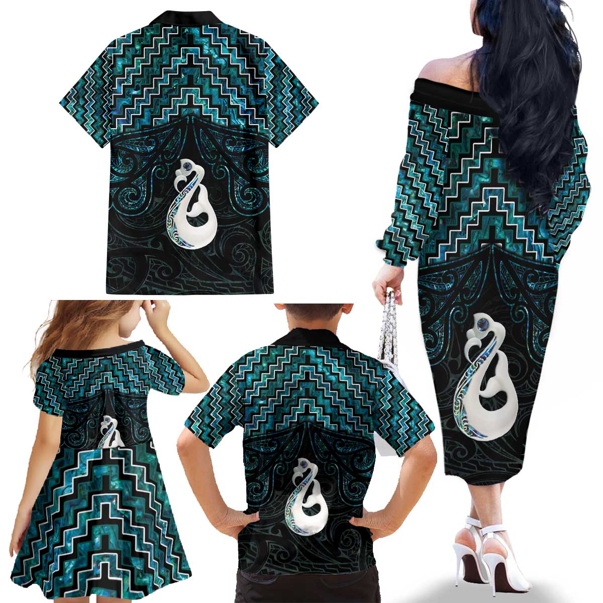New Zealand Maori Family Matching Off The Shoulder Long Sleeve Dress and Hawaiian Shirt Poutama Manaia Turquoise Paua Shell LT05 - Polynesian Pride