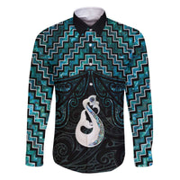 New Zealand Maori Family Matching Off The Shoulder Long Sleeve Dress and Hawaiian Shirt Poutama Manaia Turquoise Paua Shell LT05 Dad's Shirt - Long Sleeve Turquoise - Polynesian Pride