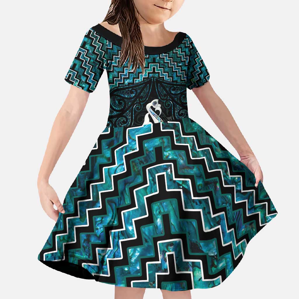 New Zealand Maori Family Matching Off Shoulder Maxi Dress and Hawaiian Shirt Poutama Manaia Turquoise Paua Shell LT05 Daughter's Dress Turquoise - Polynesian Pride