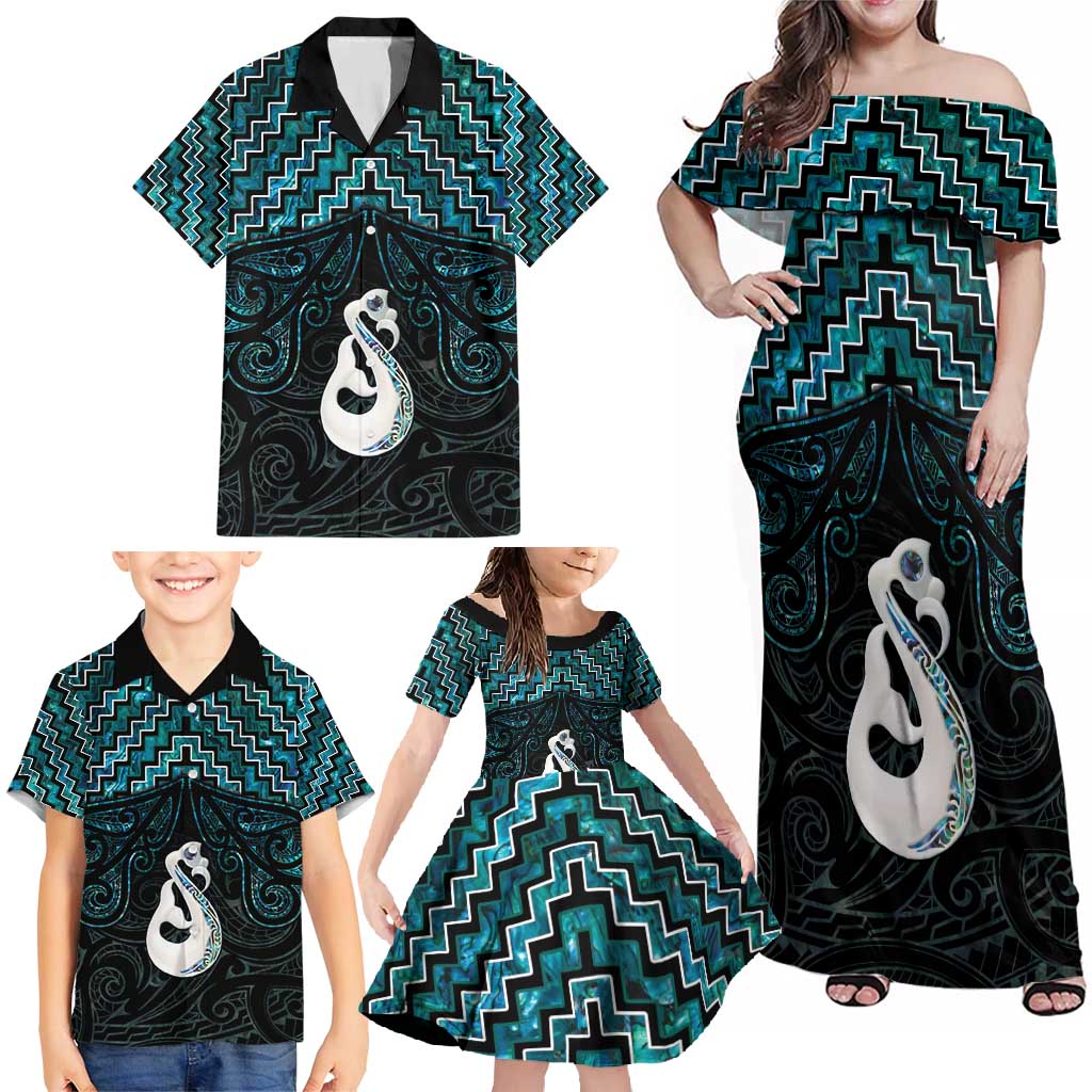 New Zealand Maori Family Matching Off Shoulder Maxi Dress and Hawaiian Shirt Poutama Manaia Turquoise Paua Shell LT05 - Polynesian Pride