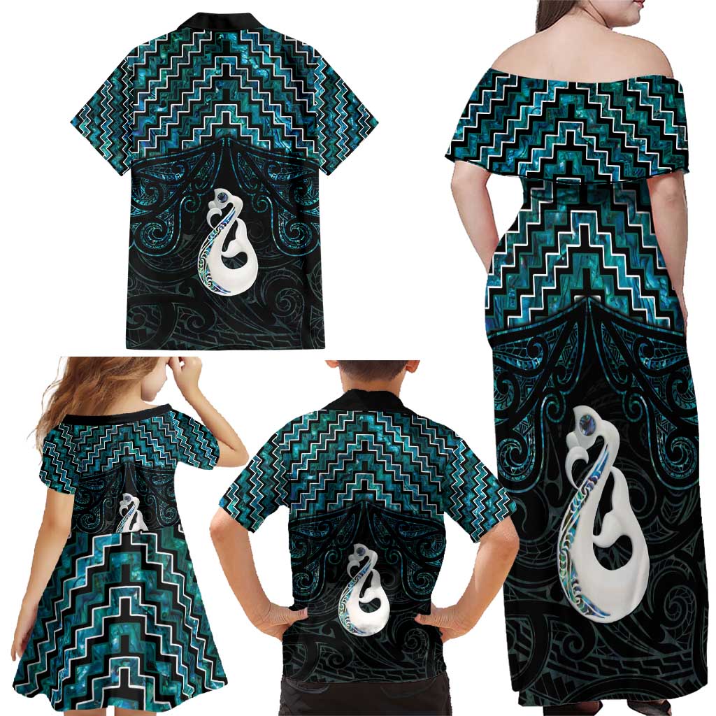 New Zealand Maori Family Matching Off Shoulder Maxi Dress and Hawaiian Shirt Poutama Manaia Turquoise Paua Shell LT05 - Polynesian Pride