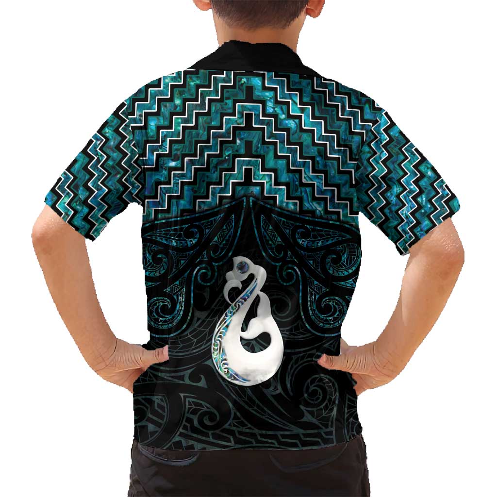 New Zealand Maori Family Matching Off Shoulder Short Dress and Hawaiian Shirt Poutama Manaia Turquoise Paua Shell LT05 - Polynesian Pride