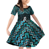 New Zealand Maori Family Matching Off Shoulder Short Dress and Hawaiian Shirt Poutama Manaia Turquoise Paua Shell LT05 Daughter's Dress Turquoise - Polynesian Pride