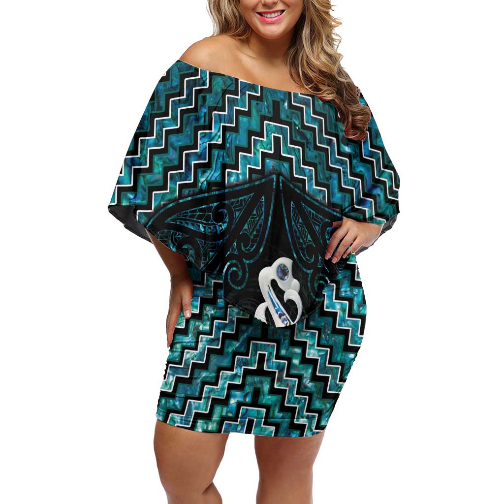 New Zealand Maori Family Matching Off Shoulder Short Dress and Hawaiian Shirt Poutama Manaia Turquoise Paua Shell LT05 Mom's Dress Turquoise - Polynesian Pride