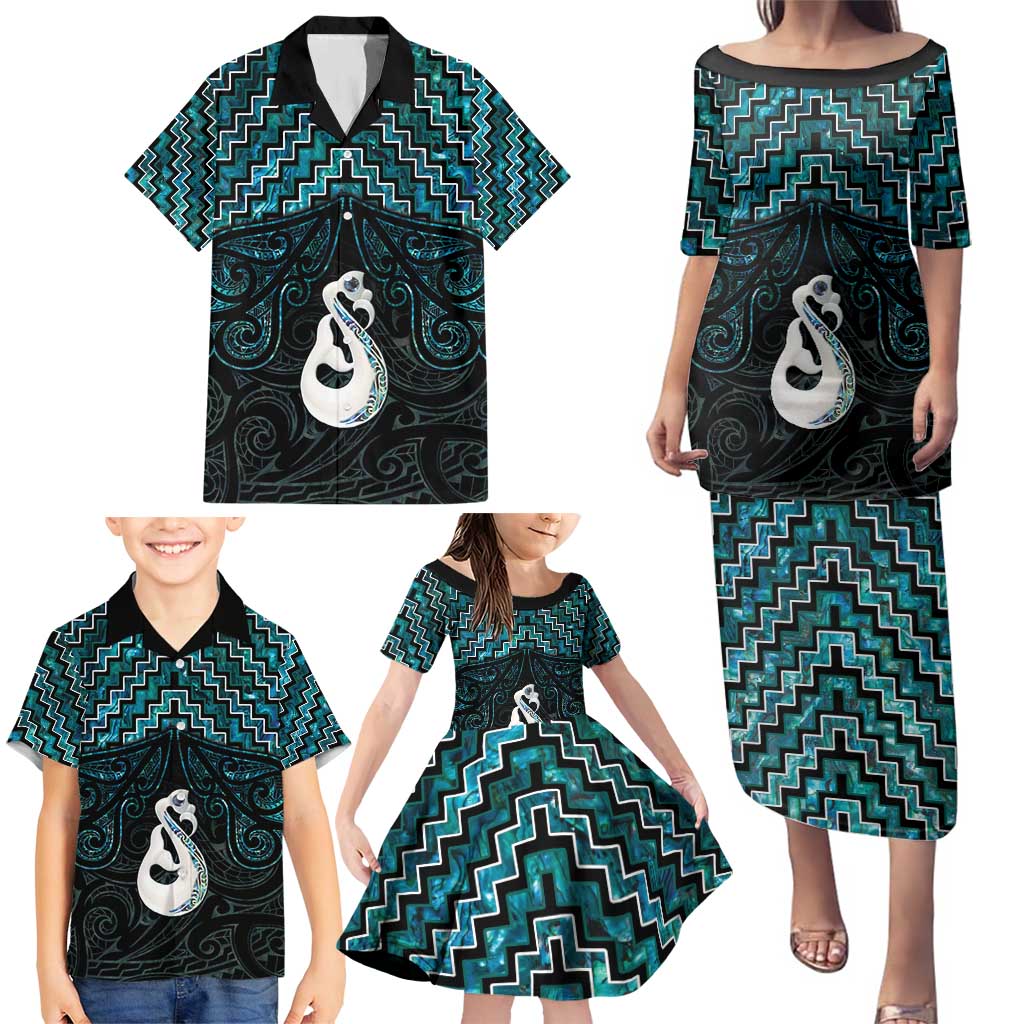 New Zealand Maori Family Matching Puletasi and Hawaiian Shirt Poutama Manaia Turquoise Paua Shell LT05 - Polynesian Pride